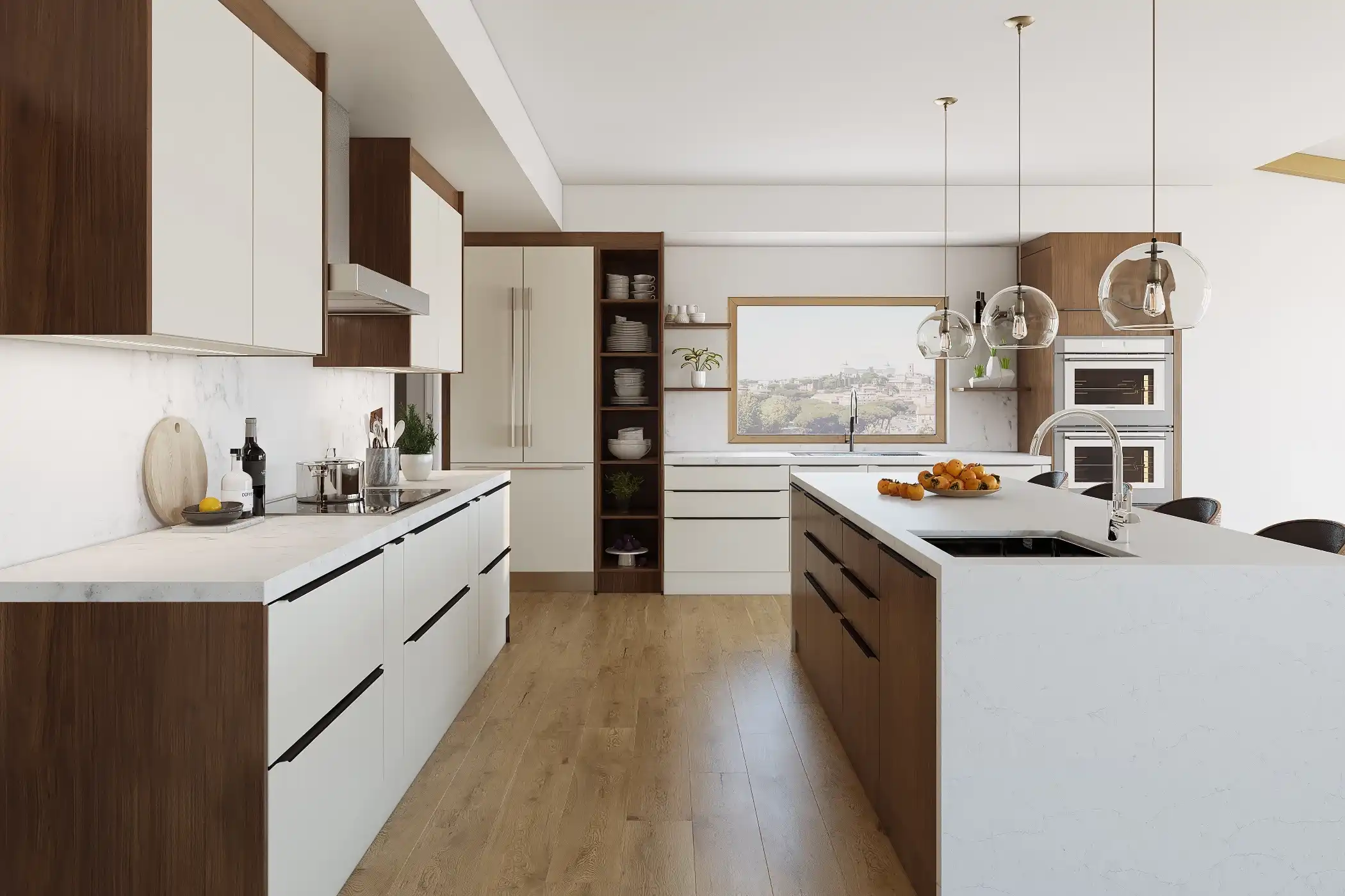 A minimalist kitchen with integrated handles, combining rich wood tones with crisp white surfaces. The open-plan design includes a spacious island that doubles as a dining area, seamlessly blending form and function. The integrated handles contribute to the kitchen’s streamlined appearance, while modern lighting and natural materials add warmth and depth to the space.