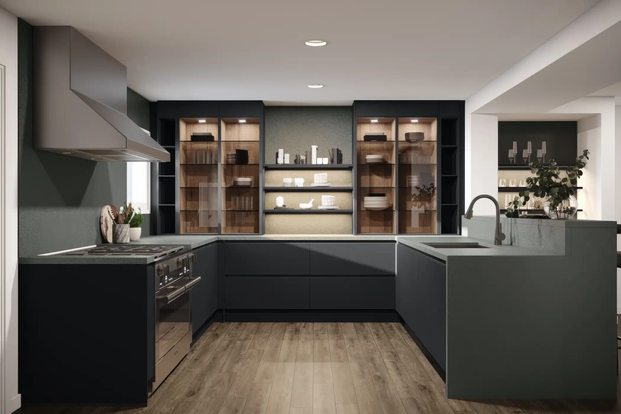 This contemporary kitchen features a handle-less design with dark and light wood open shelving, creating a sophisticated contrast. The U-shaped layout includes integrated appliances and a stylish sink area, optimizing both functionality and aesthetics. Cabinetry lighting illuminates the shelves, adding warmth and highlighting the clean, modern lines. The wood flooring complements the dark cabinetry, enhancing the kitchen’s overall inviting and luxurious feel.