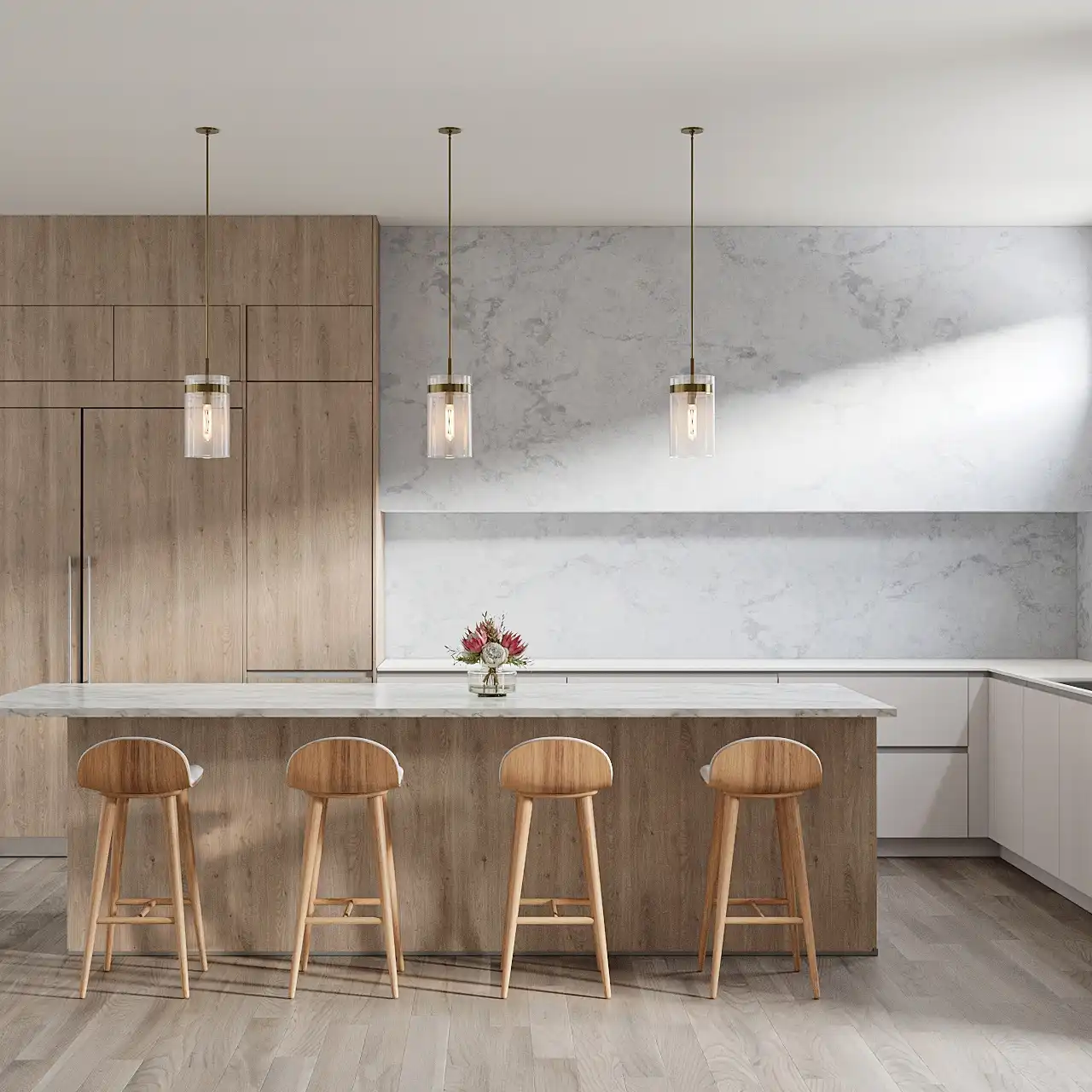 This image features a modern kitchen design with sleek wooden cabinetry and a matching island with a white marble countertop. Three wooden bar stools with round seats provide seating at the island. Above the island, elegant pendant lights with elongated bulbs and black fixtures hang from the ceiling, adding a touch of sophistication. The backdrop is a marble wall that complements the countertops, creating a cohesive and luxurious aesthetic."