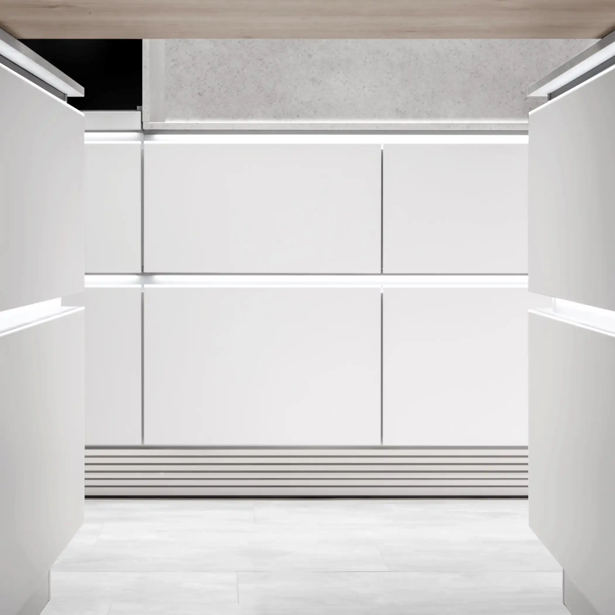 Symmetrical view of a modern kitchen cabinet scene, featuring sleek white cabinets with recessed handles, creating a clean and minimalist look. The design is complemented by subtle lighting under each cabinet, enhancing the bright and uncluttered feel of the space. The floor is covered with large gray tiles, matching the understated elegance of the overall design.