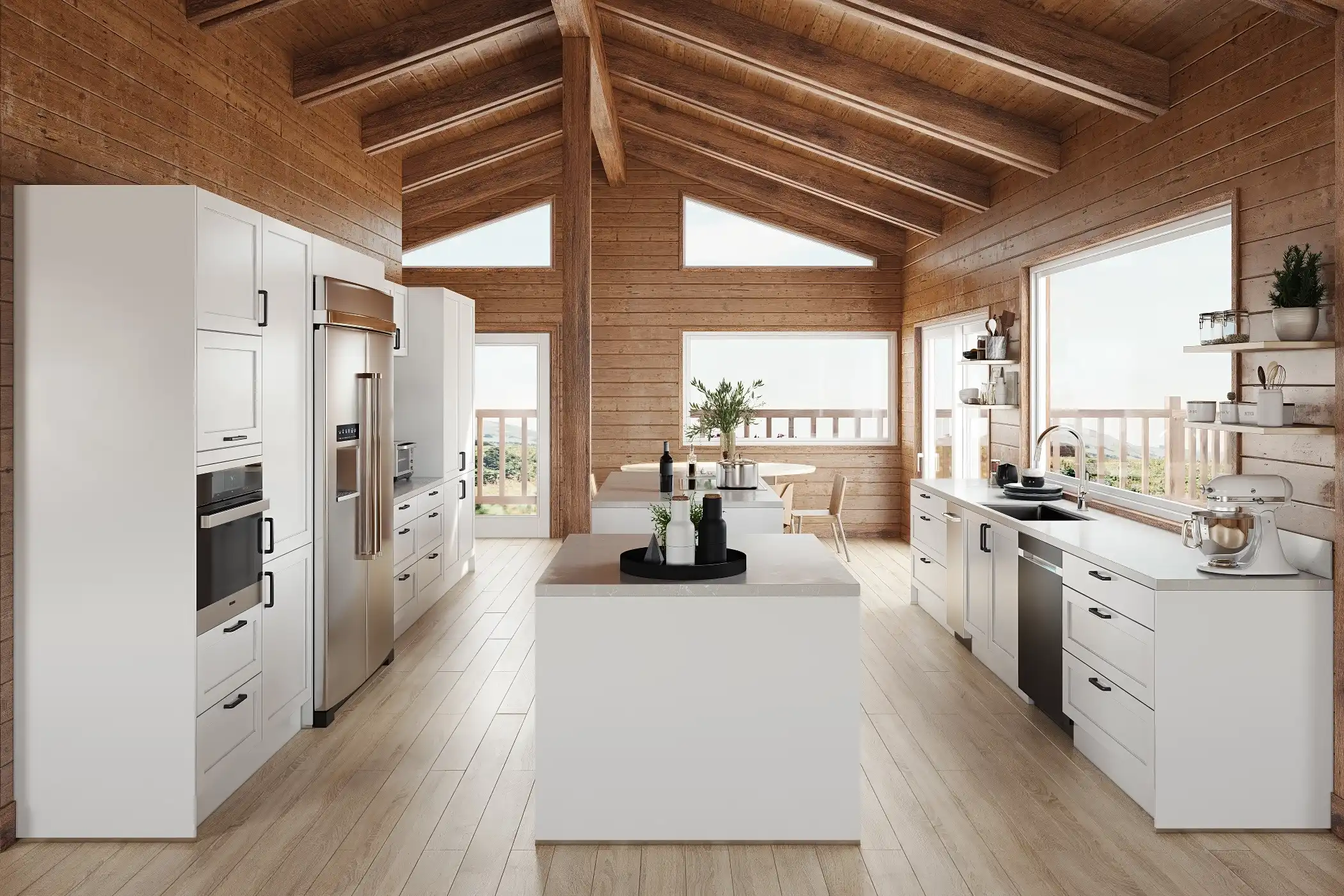 This expansive Shaker-style kitchen features clean white cabinetry set against a backdrop of natural wood beams and flooring. The open-plan design includes a large island, perfect for meal prep and casual dining. The combination of classic Shaker elements with rustic touches creates a warm and inviting atmosphere, ideal for a family kitchen.