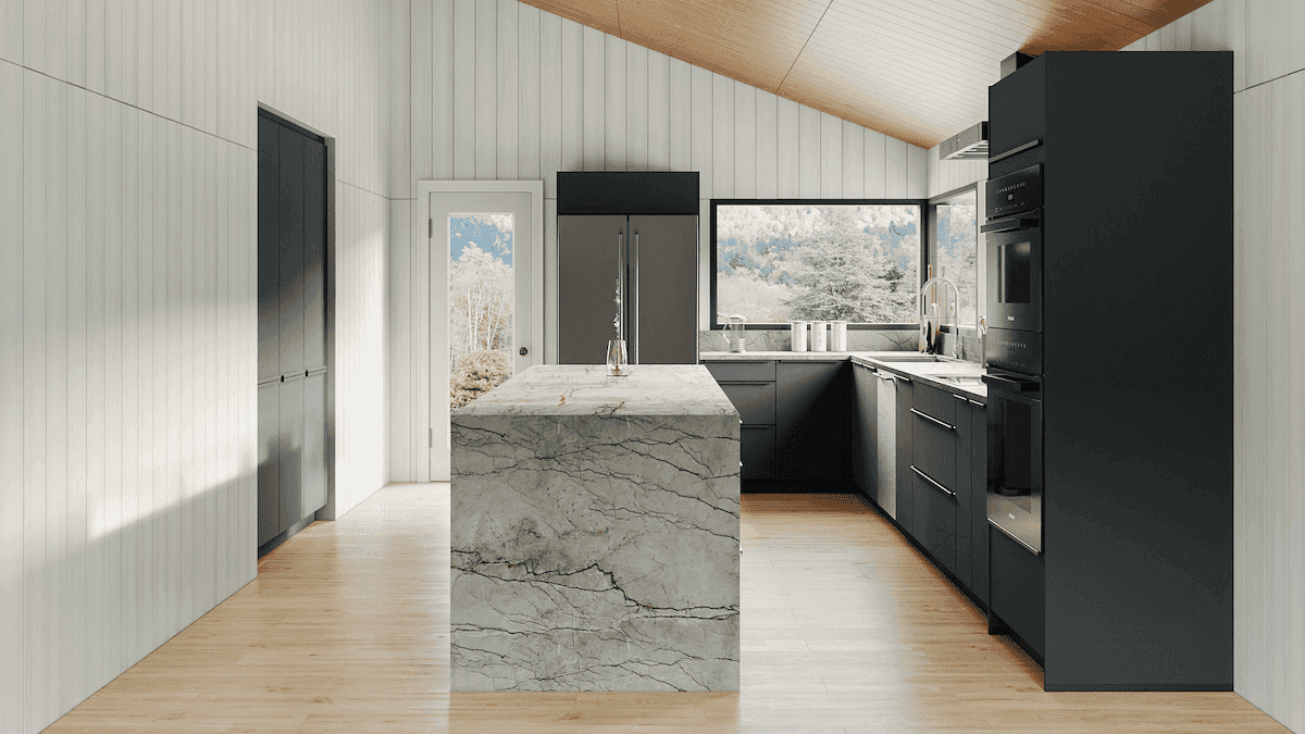 Modern kitchen with sleek, dark cabinetry and light wood flooring. The design features a large kitchen island with a striking natural countertop, displaying strong natural veining. The cabinets on the right house built-in ovens and a dishwasher. Large windows provide a scenic view of trees and mountains, letting in natural light. The slanted wooden ceiling adds warmth to the space, and the overall design combines a warm, minimalist aesthetic with functional elegance.