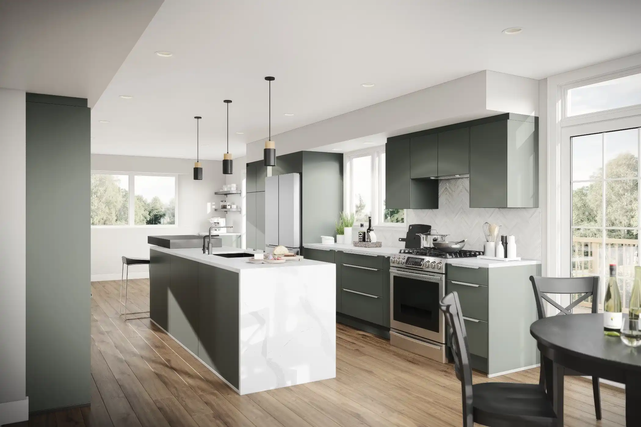 This contemporary kitchen showcases integrated handles within our green cabinetry, offering a striking contrast with the light counters and walls. The galley layout provides an efficient workspace, with a stylish island adding additional functionality. The integrated handles maintain the kitchen’s clean lines, while the modern fixtures and open shelving add a touch of sophistication and practicality.