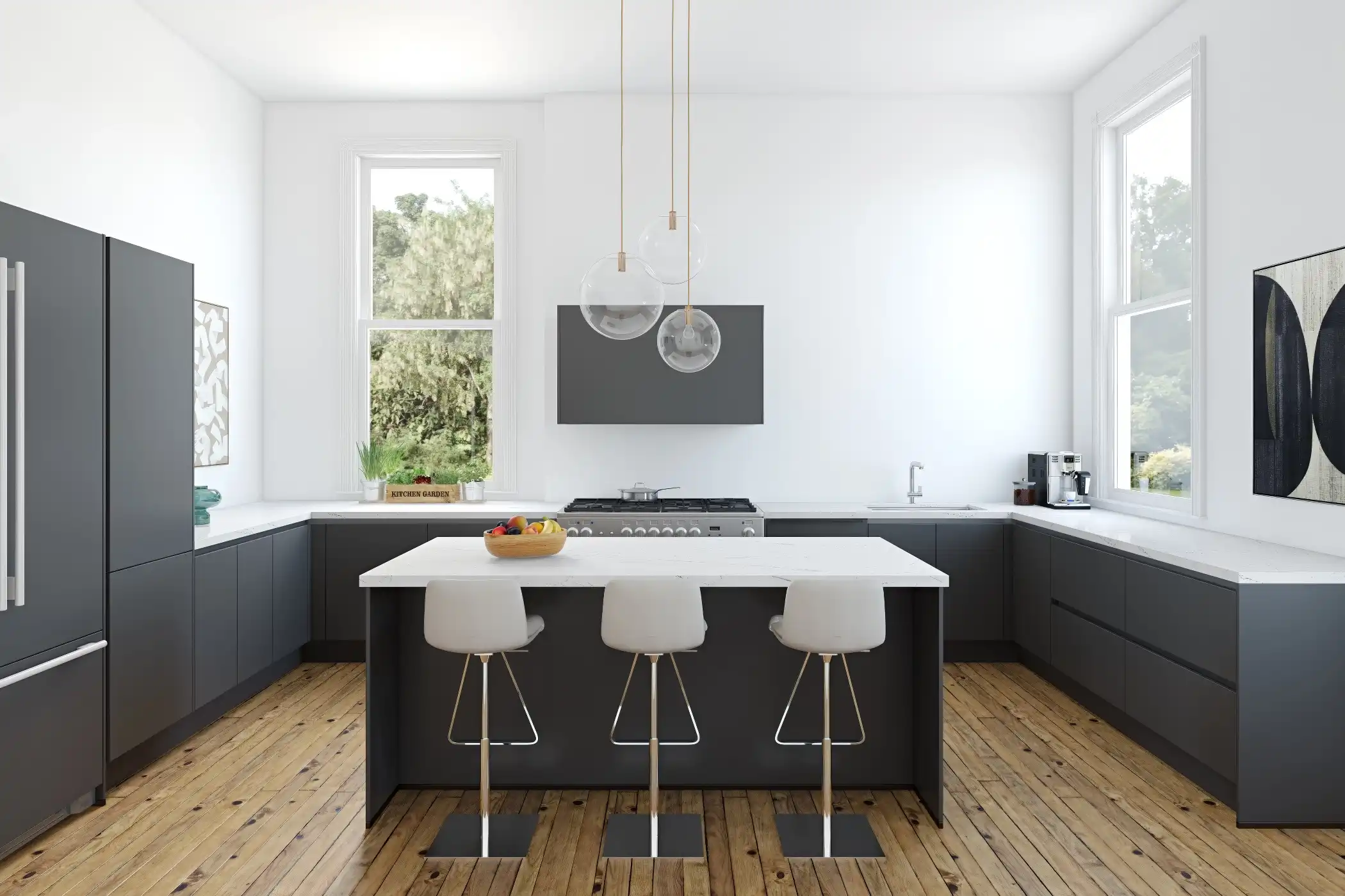 This modern kitchen features a sleek handle-less design with dark cabinetry contrasted by white countertops and walls. The central island, equipped with white bar stools, serves as both a workspace and a casual dining area. Large windows allow natural light to fill the space, highlighting the minimalist design and clean lines. The light wood flooring adds warmth, creating a balanced and inviting atmosphere in this contemporary kitchen. 