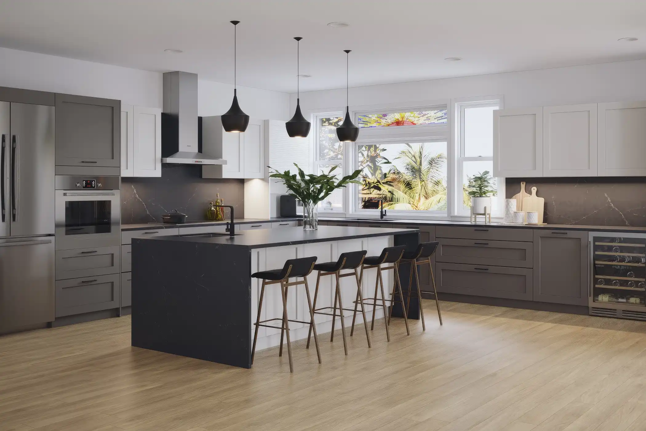 A contemporary Shaker-style kitchen with a contrasting color scheme of dark lower cabinets and light upper cabinets. The central island serves as a focal point, with ample seating for casual meals. The Shaker cabinets provide a timeless appeal, while the modern color palette and fixtures bring a fresh, updated look to the space.