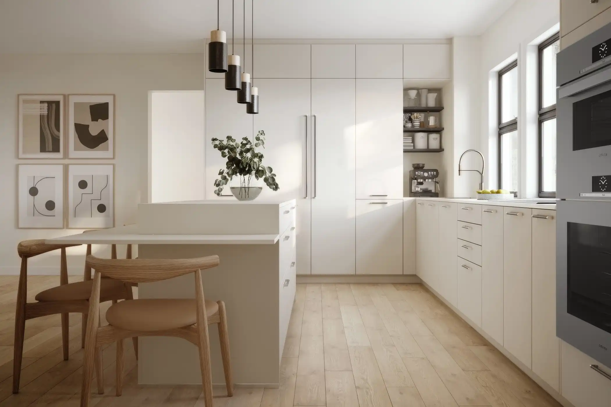 This minimalist kitchen showcases flat-front cabinets with sleek handles, all in a clean, white finish that amplifies the room's brightness. The design features a compact island with integrated storage, complemented by modern pendant lighting. Large windows allow natural light to illuminate the space, highlighting the streamlined cabinetry and light wood flooring. The overall aesthetic is simple yet sophisticated, offering a perfect balance of functionality and style for contemporary living.