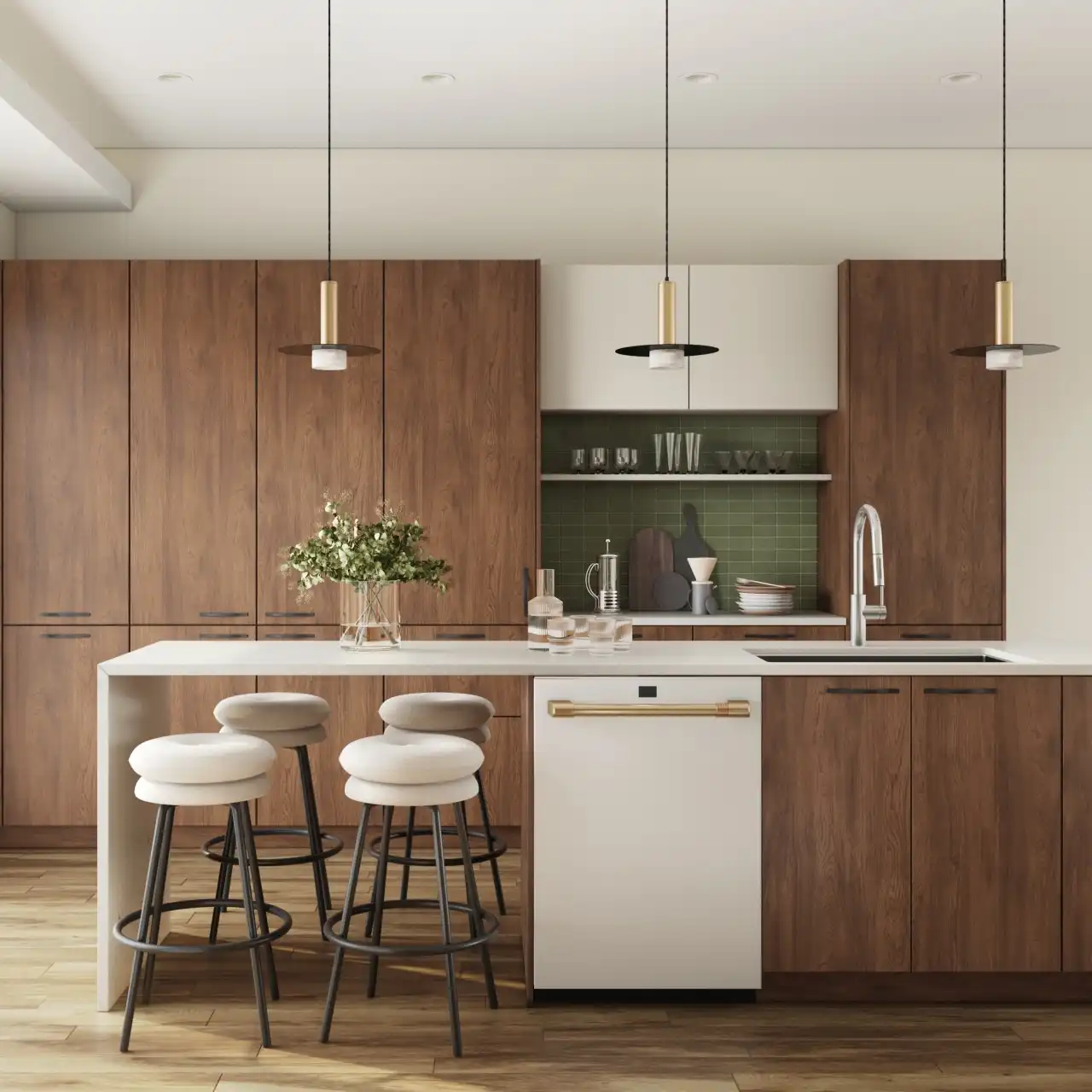 Contemporary kitchen design with rich walnut cabinetry and a central island featuring a white countertop. The island is equipped with four bar stools, providing a casual dining space. Above the island, pendant lights with black and gold accents add a touch of elegance. The kitchen's back wall features a green tiled backsplash, work surface area and tall walnut cabinetry, enhancing the warmth and modern aesthetic of the space.