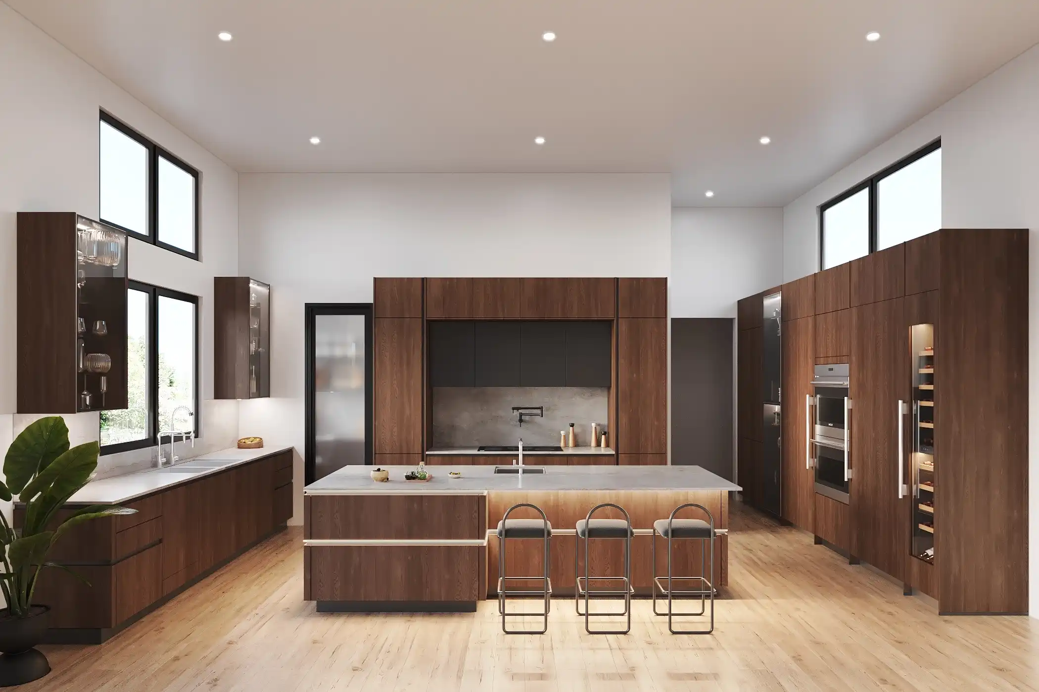 This modern kitchen features a sleek handle-less design with rich wood cabinetry, creating a warm and inviting atmosphere. The large island with a white countertop provides ample workspace, while integrated appliances maintain the kitchen’s clean lines. Floor-to-ceiling windows flood the space with natural light, enhancing the open and airy feel. The minimalist approach to the design emphasizes both functionality and aesthetic appeal, making this kitchen a perfect blend of style and practicality.