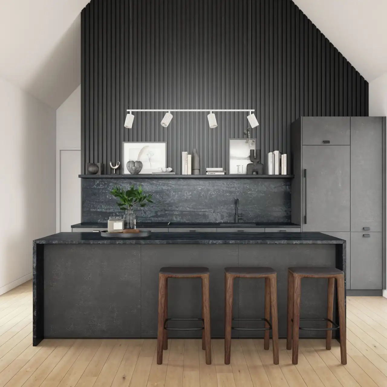 Contemporary kitchen design featuring a striking black theme with a large central island, topped with a dark countertop and accompanied by wooden bar stools. The back wall is clad in vertical black panels, matching the dark tone of the appliances including a refrigerator to one side. Large floor-to-ceiling glass doors on either side fill the space with natural light, contrasting the dark interior elements and opening up to an outdoor view.