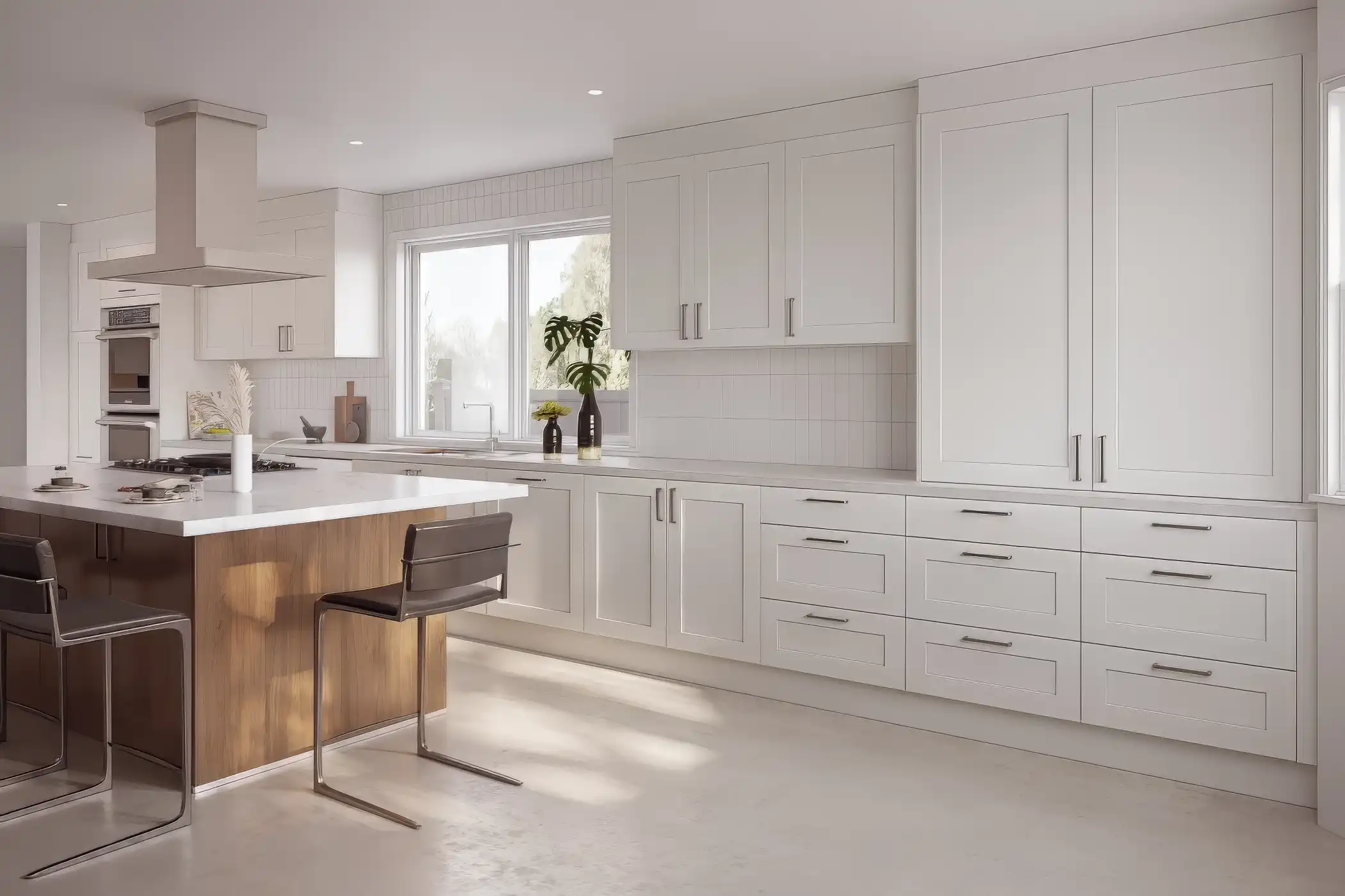 A bright and airy kitchen featuring Shaker-style cabinetry in a soft white finish. The kitchen island, with its rich wood accents, offers additional workspace and seating, blending traditional and modern elements. Large windows and an open layout enhance the natural light, making this kitchen a welcoming and functional environment for both cooking and entertaining.