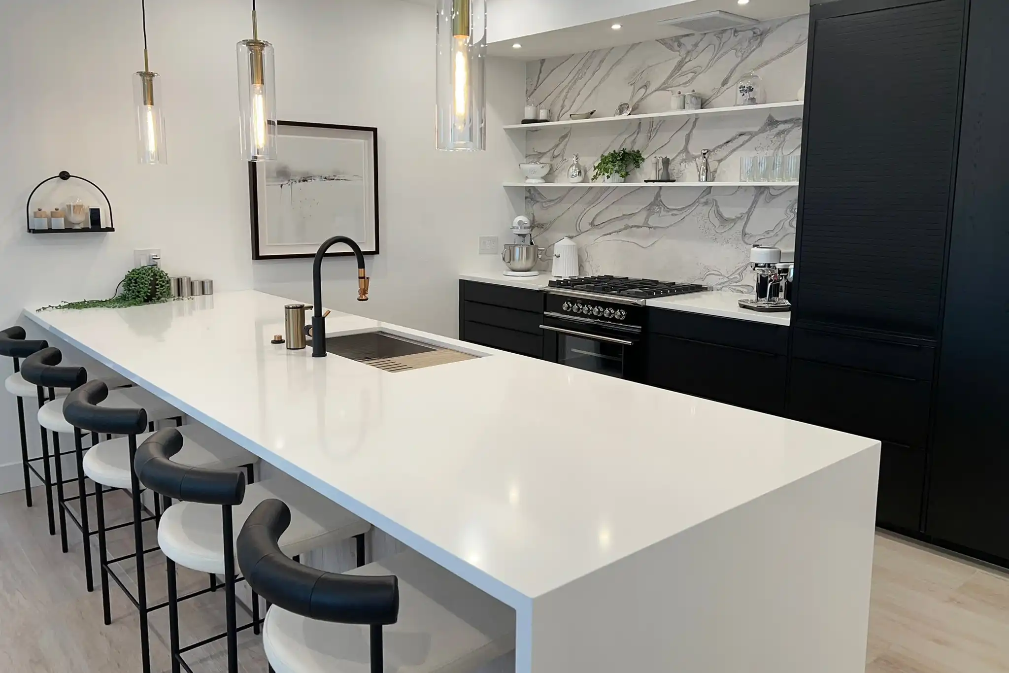 Central sink with a high, black faucet complements the aesthetic, illuminated by glass pendant lights. Floating shelves with greenery and a framed artwork add a touch of elegance and personality to the space.