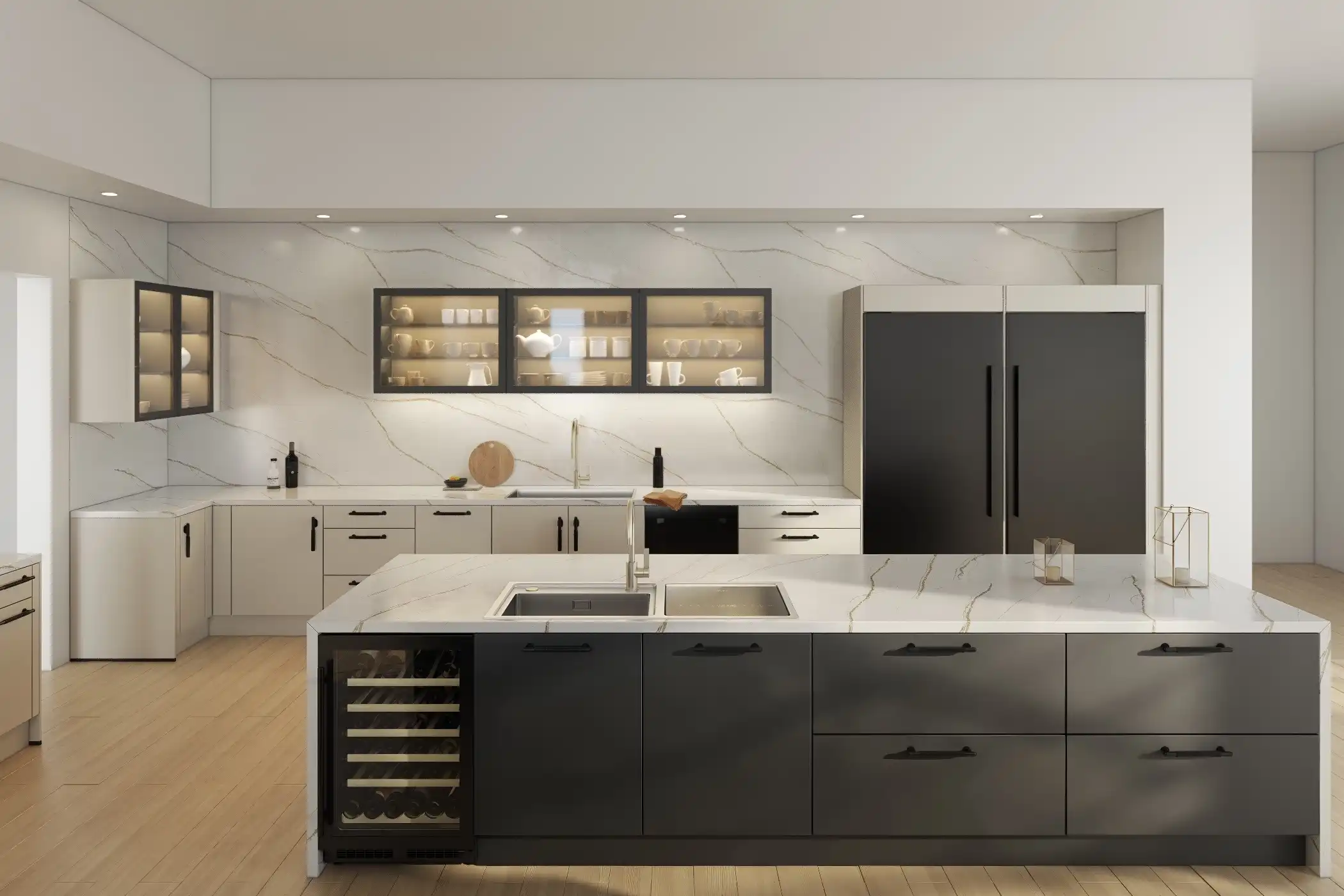 This contemporary kitchen features flat-front cabinets with sleek handles, blending matte black and white finishes for a modern, sophisticated look. The large island serves as a focal point, with integrated storage and a wine cooler, topped with a luxurious marble countertop. Glass-fronted upper cabinets showcase dishware, adding a touch of elegance, while the black double-door refrigerator seamlessly integrates into the design. The clean lines, high-end materials, and balanced color palette create a stylish and functional space ideal for modern living.